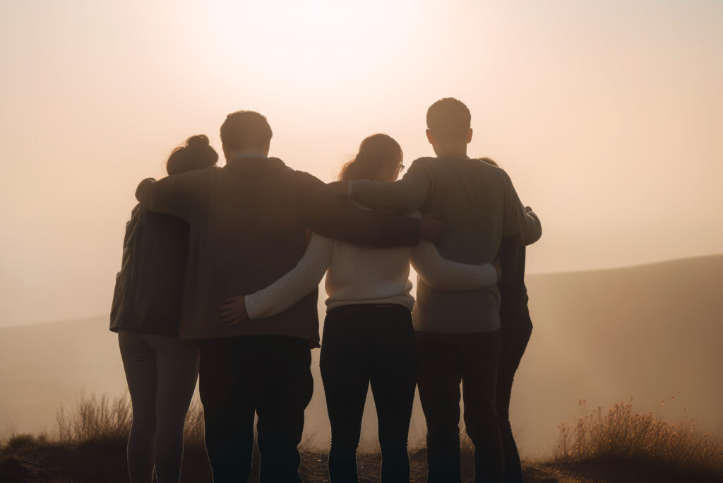 Silhouteted people with arms around each other watching a sunset