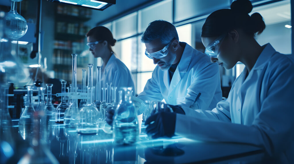 Three scientists in lab coats and goggles, standing before beakers and lab equipment, conducting research.