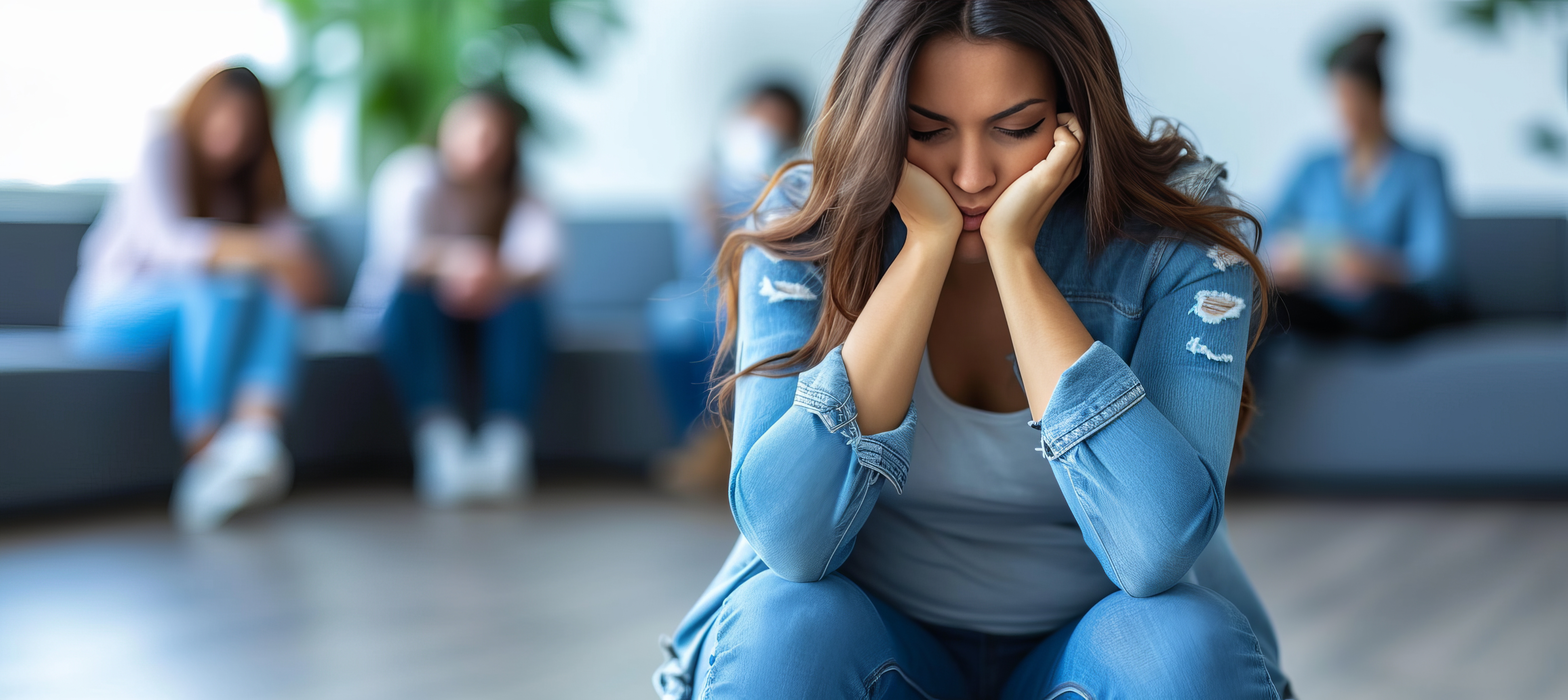 Woman sitting with head in hands