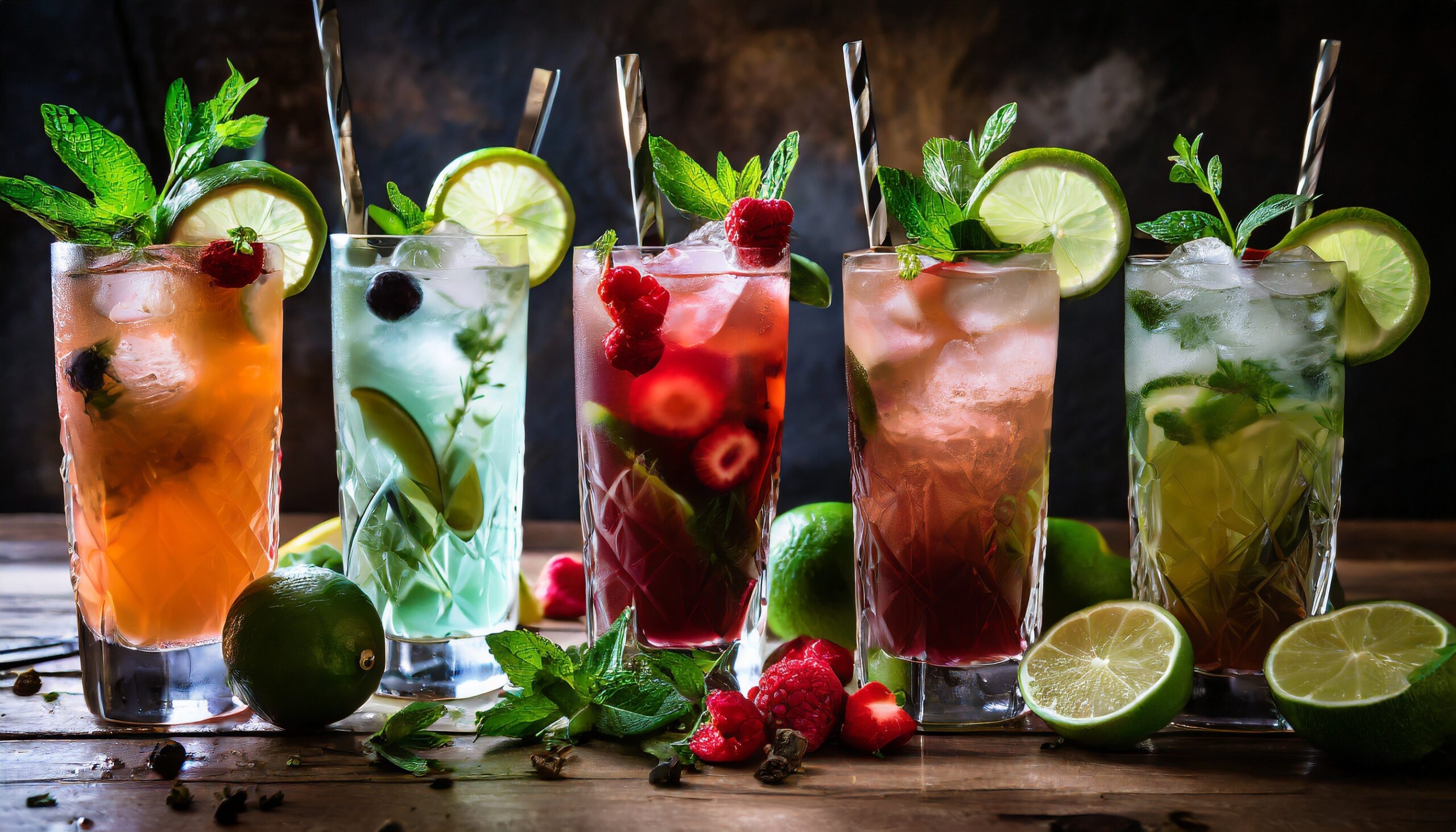 This picture is of several glasses of mocktails drinks, The drinks are in classic long glasses  with berries, lime, herbs and ice.